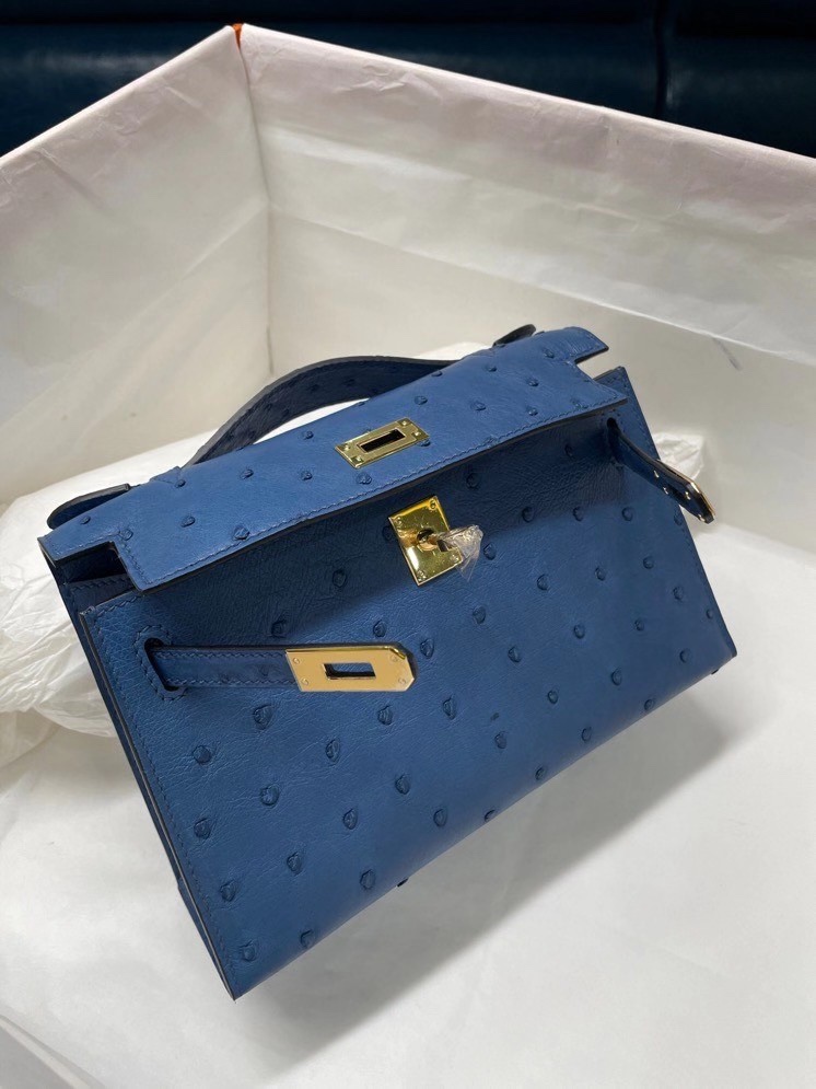 Hermes Mini Kelly Pochette 22cm Bag In Blue Thalassa Ostrich Leather